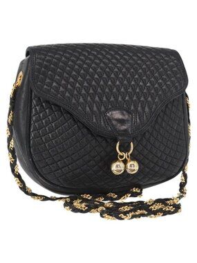 Authentic BALLY Chain Shoulder Bag Leather Black Gold